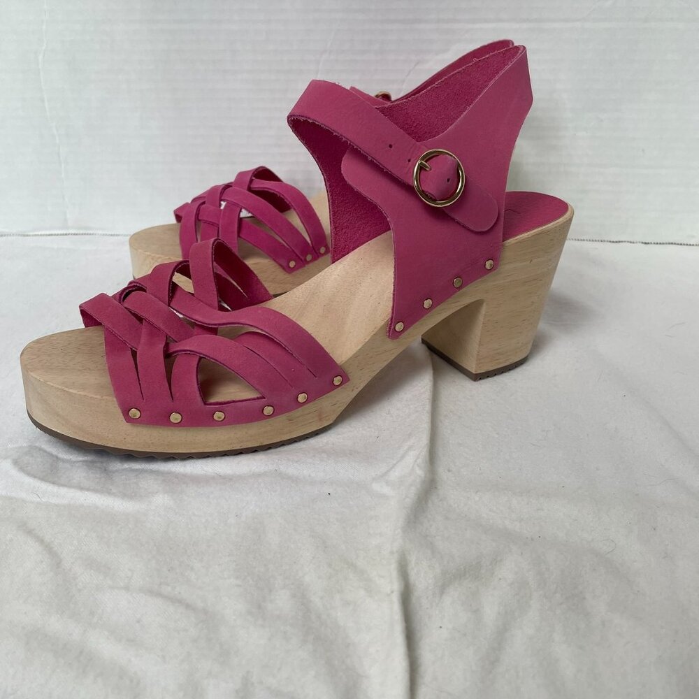 Loft Pink Woven Leather Platform Wood Clog Sandals - Picture 4 of 10